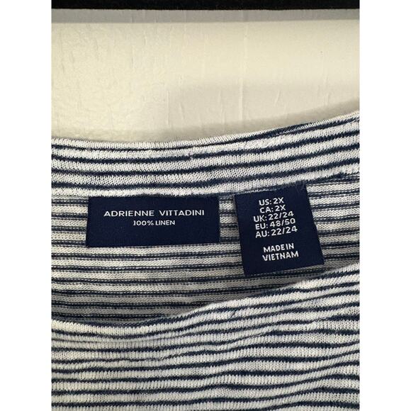 Adrienne Vittadini Size 2X Linen Back Button Three Quarter Navy Stripe Shirt - Picture 3 of 4